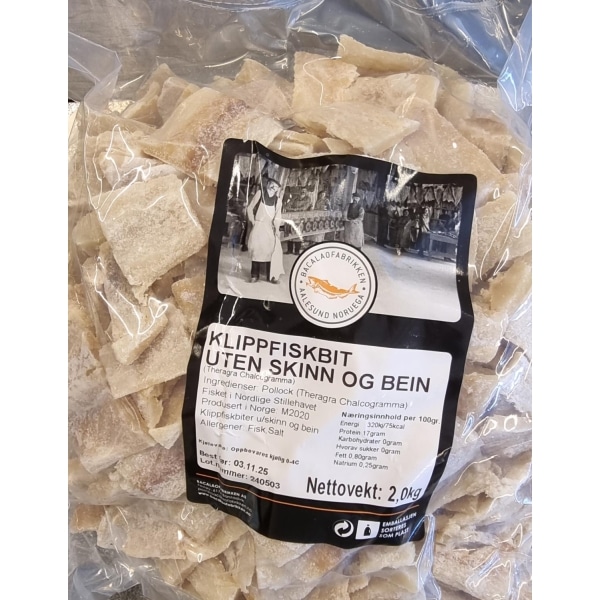 Klippfiskbiter av Torsk 2 kg (uten skinn og brin) Bacalaofabrikken