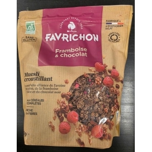 Økologisk sprø müsli med sjokolade og bringebær 500g Favrichon